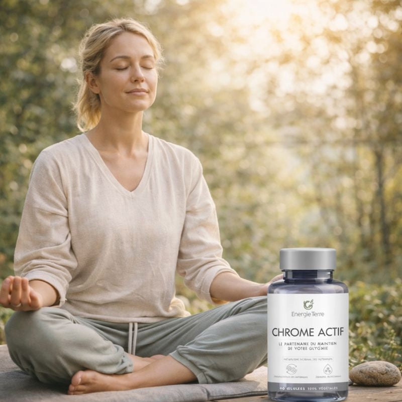 Femme sereine méditant en nature avec complément alimentaire Chrome Actif pour retrouver équilibre et bien-être naturel