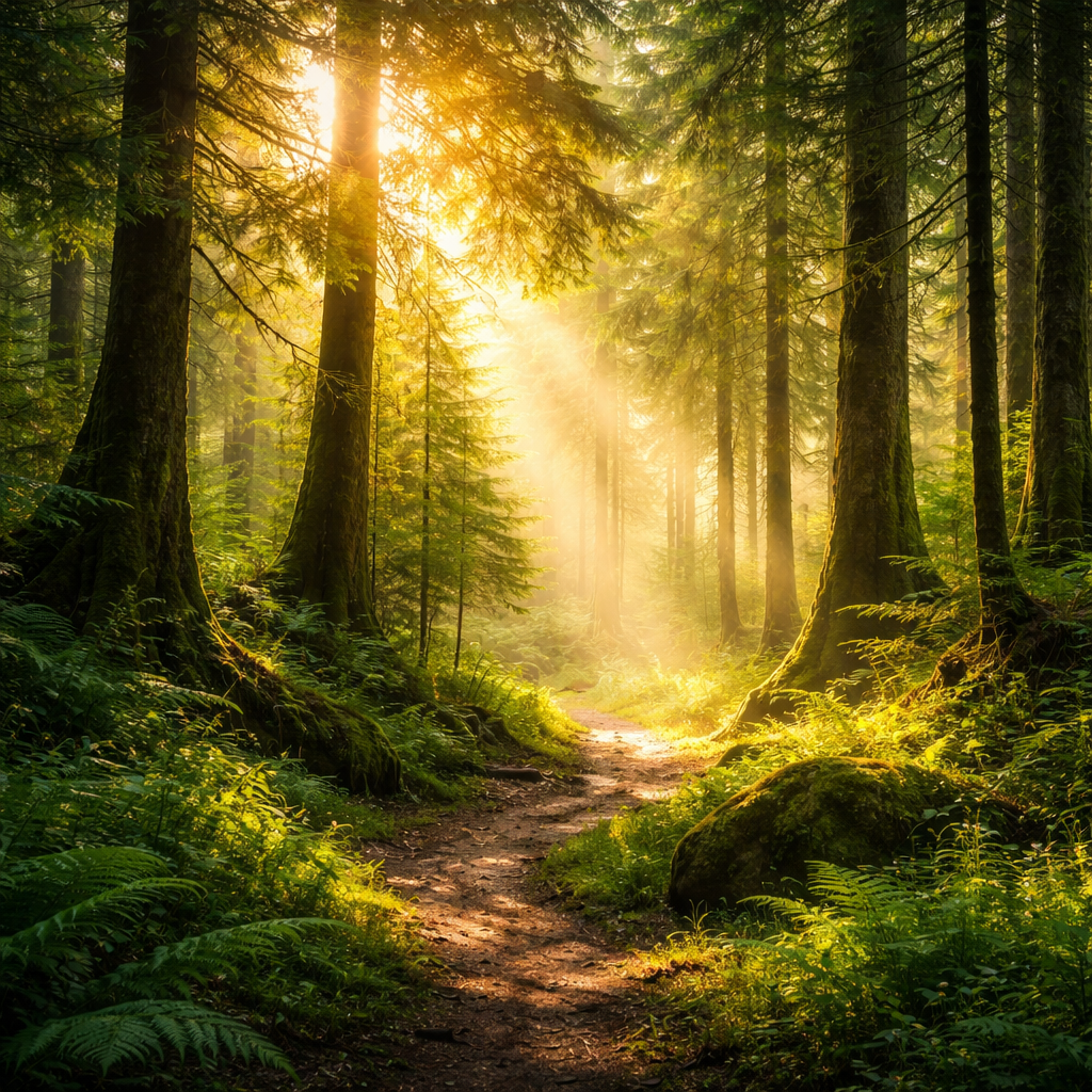 Forêt naturelle avec chemin et lumière dorée symbolisant le parcours bien-être naturel et l'origine des plantes médicinales des compléments bio Terre et Trésors