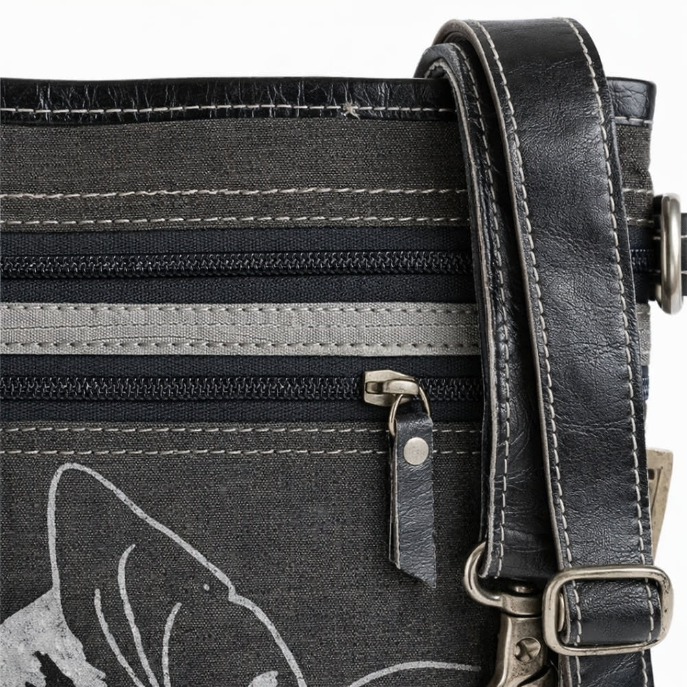 Petit Sac Bandoulière Chat Canvas & Cuir Noir/Gris - Sunsa - Terre et Trésors