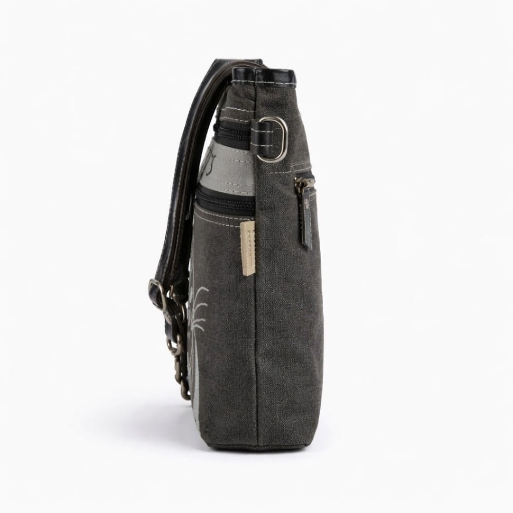 Petit Sac Bandoulière Chat Canvas & Cuir Noir/Gris - Sunsa - Terre et Trésors