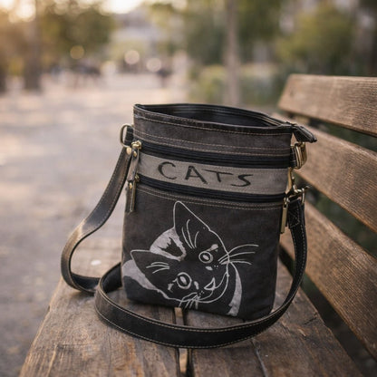 Petit Sac Bandoulière Chat Canvas & Cuir Noir/Gris - Sunsa - Terre et Trésors