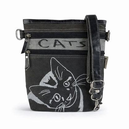 Petit Sac Bandoulière Chat Canvas & Cuir Noir/Gris - Sunsa - Terre et Trésors