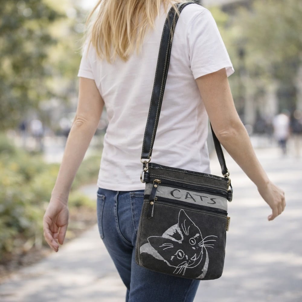 Petit Sac Bandoulière Chat Canvas & Cuir Noir/Gris - Sunsa - Terre et Trésors