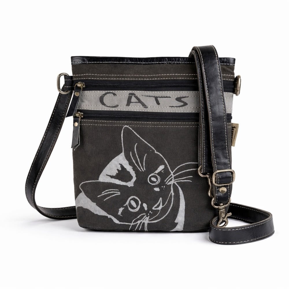 Petit Sac Bandoulière Chat Canvas & Cuir Noir/Gris - Sunsa - Terre et Trésors