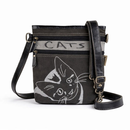 Petit Sac Bandoulière Chat Canvas & Cuir Noir/Gris - Sunsa - Terre et Trésors