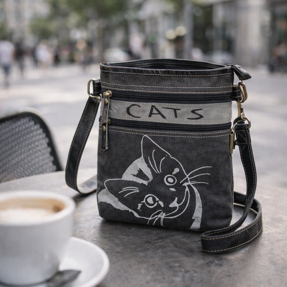 Petit Sac Bandoulière Chat Canvas & Cuir Noir/Gris - Sunsa - Terre et Trésors