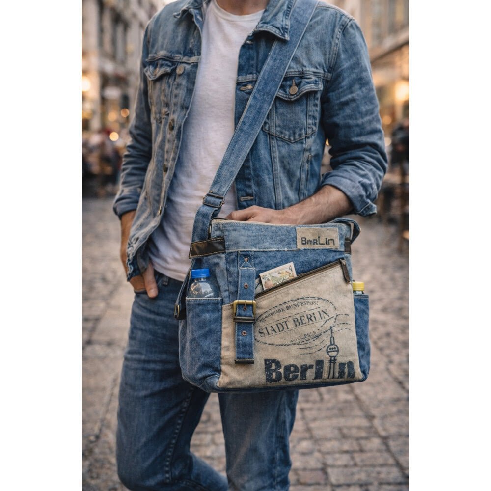 Sac Bandoulière Berlin Denim Recyclé & Cuir Upcyclé - Terre et Trésors