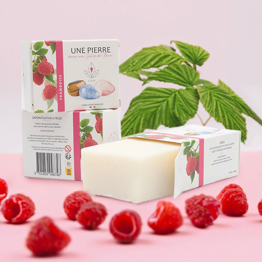 Savon Naturel Framboise avec Pierre Minérale 140g | Artisan Vosges - Terre et Trésors